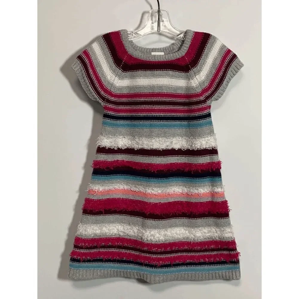 Gymboree Girls Striped Fuzzy Knit Sweater Dress Short Sleeve Gray Pink Size 4